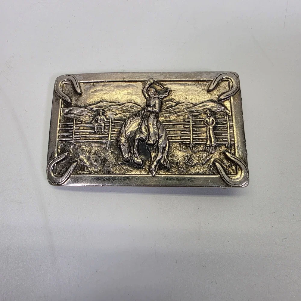 Vintage Brass Rodeo Belt Buckle Western Americana Cowboy Horse Equestrian 90s